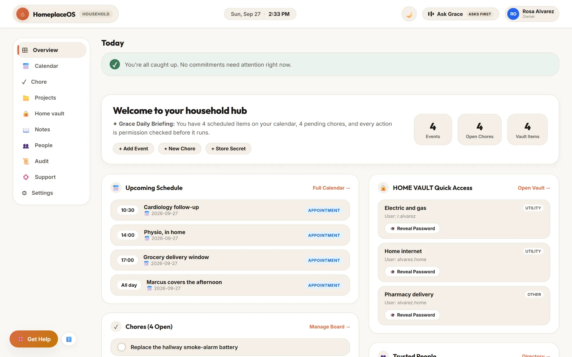 The overview screen: today's schedule with a cardiology follow-up and an in-home physio visit, four open tasks, and quick access to saved account details.