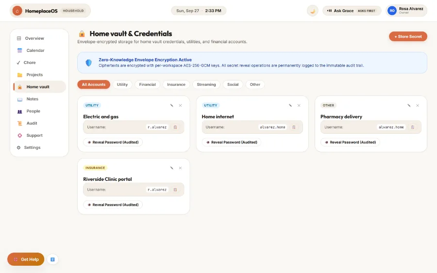 A vault listing saved logins such as a clinic portal and pharmacy delivery, with secrets hidden until revealed.